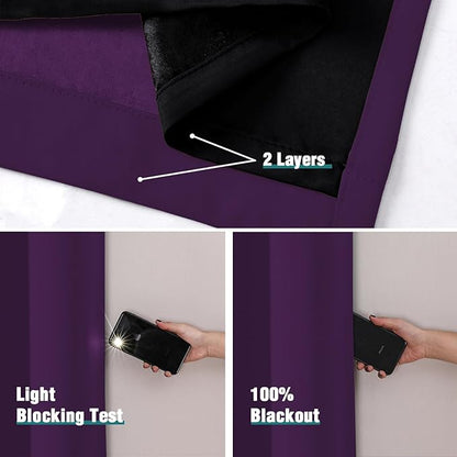 ChrisDowa 100% Blackout Curtains for Bedroom with Black Liner, 2 Thick Layers Total Blackout Thermal Insulated Grommet Window Curtains 2 Panels Set (Royal Purple, 52 x 63 Inch)