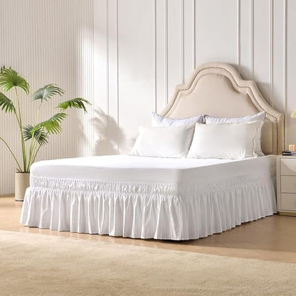 MIYE Striped Tufted Bed Skirt - Wrap Around Dust Ruffle with Elastic Belts - 15 Inch Drop Easy to Put On - Bedskirt Machine Washable ＆ Wrinkle Resistant(Striped/White, King/Queen-15 Drop)