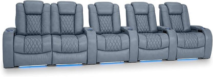 Seatcraft Diamante Zero-Gravity CoolZero Italian Leather Home Theater Seating, Power Headrest, Power Recline, Row of 5 Left Loveseat, Smokey Blue