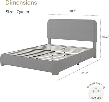 BarnFurin Queen Size Boucle Bed Frame with Headboard, Upholstered Platform Bed with Wood Slats, Soft Rounded Corners, No Box Spring Required, Easy Assembly, Light Grey