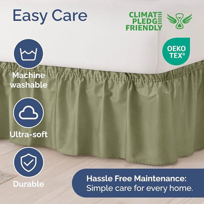 Wrap Around Dust Ruffle Bed Skirt - Sage Green - for Twin Size Beds w/ 14 Inch Drop - Easy Fit Elastic Strap - Adjustable Pleated Bedskirt with Brushed Fabric, Wrinkle Free Women, Men, Kids and Teens