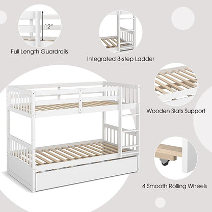 KOMFOTT Wood Twin Over Twin Bunk Bed with Trundle, Solid Pine Wood Bunk Bed Frame with Ladder & Safety Guardrails, Space-Saving Convertible Twin Bed Frame for Home & Dormitory, No Box Spring Needed