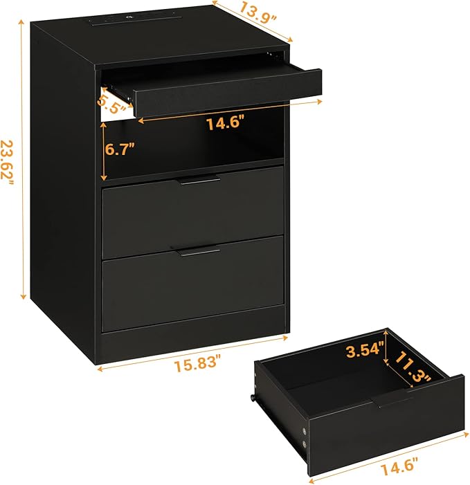 Tiptiper Black Nightstand with Wireless Charging Station and LED Lights, Bedside Table with 2 Drawers, Open Storage, 1 Pull-Out Tray, End Side Table with Charging Station, LED Night Stand with Storage