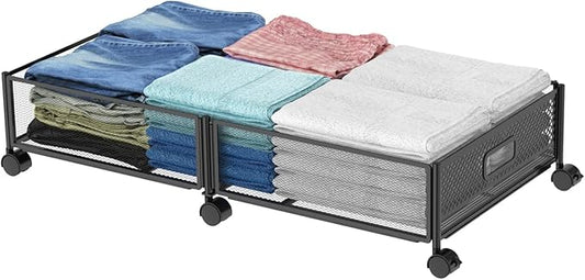 Under Bed Storage on Wheels, Upgraded 31.5 inch Large Rolling Under Bed Storage, Metal Foldable Underbed Drawers Organizer Tool-free Assembly Underbed Shoes Clothes Organize