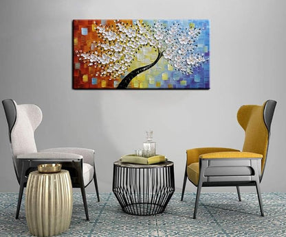 YaSheng Art -Handmade Colorful 3D Flowers Art Oil Painting On Canvas Texture Palette Knife Tree Paintings Modern Abstract Canvas Wall Art Home Interior living room Bedroom Decor Art 24x48inch