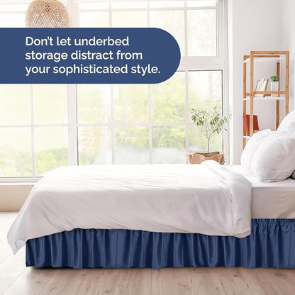 Wrap Around Dust Ruffle Bed Skirt - Navy Blue - for Queen Size Beds w/ 14 Inch Drop - Easy Fit Elastic Strap - Adjustable Pleated Bedskirt with Brushed Fabric, Wrinkle Free Women, Men, Kids and Teens