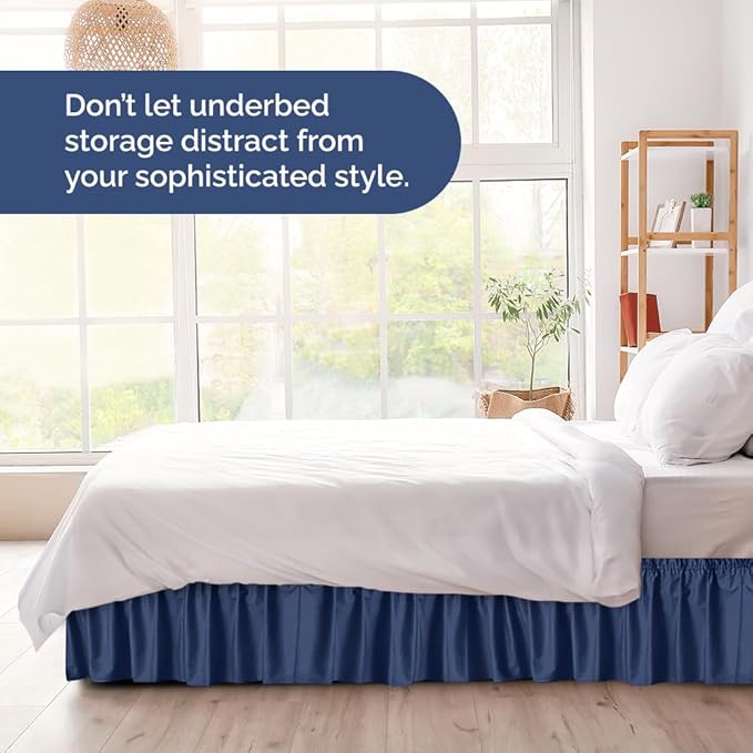 Wrap Around Dust Ruffle Bed Skirt - Navy Blue - for Twin Size Beds w/ 16 Inch Drop - Easy Fit Elastic Strap - Adjustable Pleated Bedskirt with Brushed Fabric, Wrinkle Free Women, Men, Kids and Teens