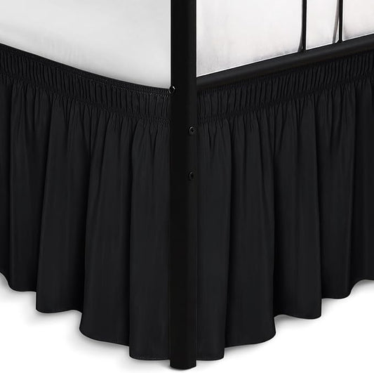 Biscaynebay Wrap Around Bed Skirts with Split Corners for King Beds 15" Drop, Black Adjustable Elastic Dust Ruffles Easy Fit Wrinkle Resistant Silky Luxurious Fabric Machine Washable