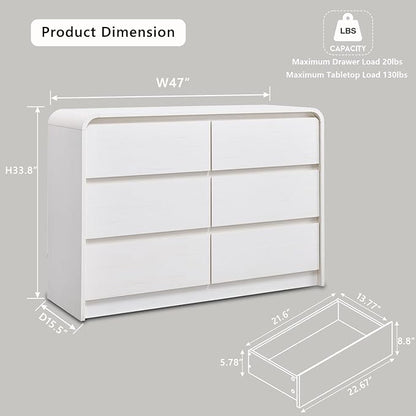 Modern 6 Drawers Dresser for Bedroom, 47" Wide Wood Dressers & Chests of Drawers with Curved Profile Design, Mid Century Modern Dresser for Closet for Bedroom, Living Room, Antique White