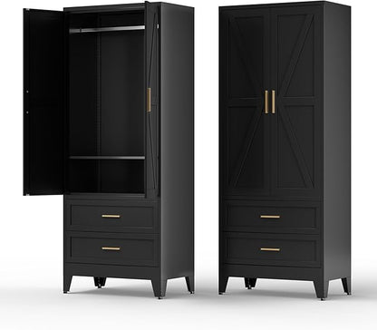 COFaR Metal Wardrobe Cabinet, 71 Farmhouse Armoire Wardrobe Closet with Rods, 2 Barn Doors, Adjustable Shelves, Steel with 2 Drawer Bedroom armoires, Black