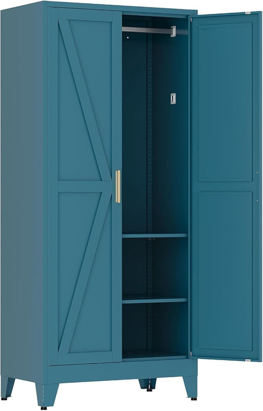 71" Tall Metal Armoire Wardrobe Closet with Removable Hanging Rod and Adjustable Shelves,Blue