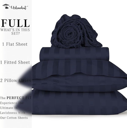 URBANHUT 800 Thread Count 100% Cotton Damask Full Size Sheets, 4 Piece Striped Full Size Bedsheets, Luxury Hotel Sheets Sateen Weave - Better Than Egyptian, 16" Elasticized Deep Pocket- Navy Blue