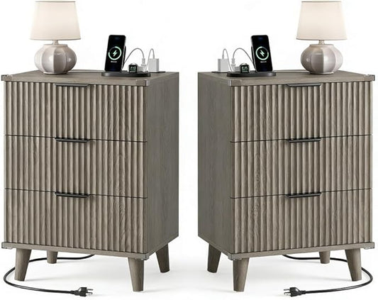 Lulive Wood Night Stand Set 2 Fluted Dresser for Bedroom 3 Drawers End Tables Nightstand with Charging Station, Side Table Dark Grey Oak