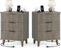 Lulive Wood Night Stand Set 2 Fluted Dresser for Bedroom 3 Drawers End Tables Nightstand with Charging Station, Side Table Dark Grey Oak