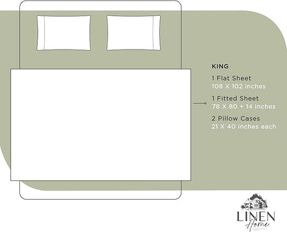 Linen Home 100% Cotton Percale Sheets King Size, Sage, Deep Pocket, 4 Pieces Set - 1 Flat, 1 Deep Pocket Fitted Sheet and 2 Pillowcases, Crisp Cool and Strong Bed Linen