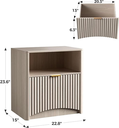 Evermagin Fluted Nightstand Set of 2, Bedside Table with Drawer and Storage, Wood End Table Mid Century Modern, Large Night Stand for Bedroom, White Alder
