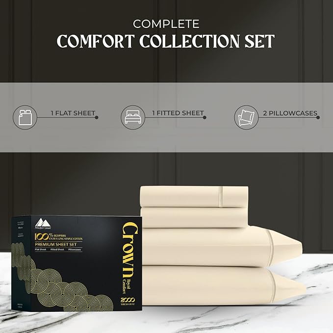 Mayfair Linen 100% Egyptian Cotton California King Sheets Set - 2000 Series Luxury Sheets Cal King Size Bed Set, Silky Soft & Cooling, 17" Extra Deep Pocket Hotel Collection Sheet (4 PC, Ivory)