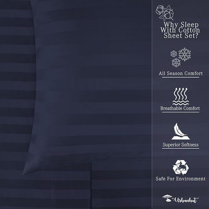 URBANHUT 800 Thread Count 100% Cotton Damask Full Size Sheets, 4 Piece Striped Full Size Bedsheets, Luxury Hotel Sheets Sateen Weave - Better Than Egyptian, 16" Elasticized Deep Pocket- Navy Blue