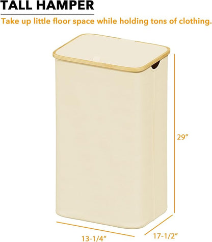 SpaceAid Laundry Hamper with Lid, 110L Large Tall Clothes Basket Bin with Bamboo Handles, Collapsible Laundry Hamper for Bedroom, Bathroom, Dorm, Laundry Room - Beige