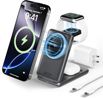 Acer 3 in 1 Charging Station for iPhone, Wireless Charger Stand,15W Fast MagSafe Charger for iPhone 17 16 15 14 13 12 Series-Apple Watch 10 9 8 7 6 5 4 3 2 SE and Ultra Series-Airpods 4 3 2 Pro Series