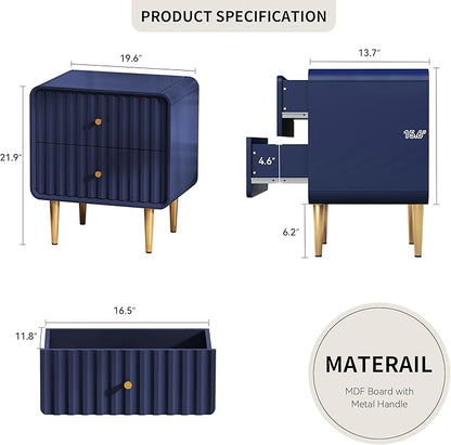 HLR Modern Nightstand, Fluted Bed Side Table with 2 Drawers Storage, Wood End Table with Gold Metal Handle, Blue Night Stands for Bedroom