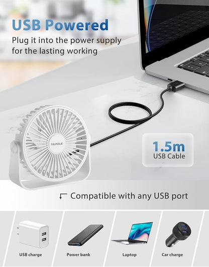 TriPole USB Desk Fan Portable Mini Fan Powerful 3 Speeds Wind Personal Desktop Fan with 360° Head Rotation for Home Office Car Indoor Outdoor White, No Battery, 4.5 Inches