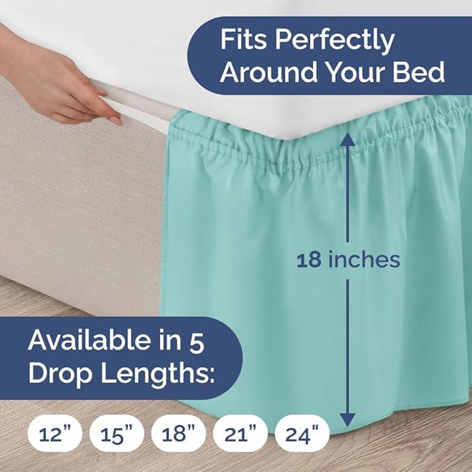 Wrap Around Dust Ruffle Bed Skirt - Spa Blue - for King Size Beds with 18 Inch Drop - Easy Fit Elastic Strap - Adjustable Pleated Bedskirt w/Brushed Fabric Wrinkle Free - for Women, Men, Kids & Teens