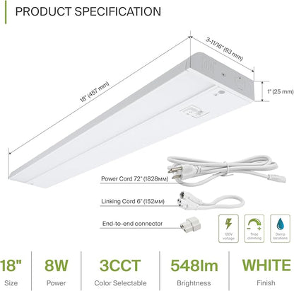 ASD 18 Inch LED Under Cabinet Lighting Plug in or Hardwired, High/Low/Off Switch, 8W 120V 3 CCT 2700K/3000K/4000K CRI90+, Triac Dimmable Linkable Under Counter Lights for Kitchen, ETL Listed, White
