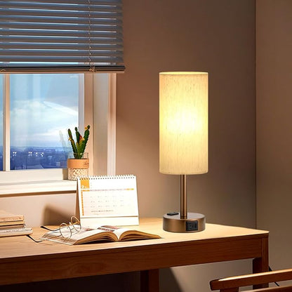 Brown Bedside Table Lamp for Bedroom - 3 Way Dimmable Touch Lamp USB C Charging Ports and AC Outlet, Small Lamp Round Flaxen Cream Fabric Shade for Living Room, Desk, LED Bulb Included