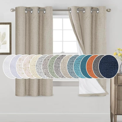 PrinceDeco Linen Texture Curtains Soild 100% Blackout Thermal Insulated with White Liner Blackout Curtains for Bedroom 64 Inches Long 2 Panels,42" Wide,64" Length Noise Reducing Curtains, Stone