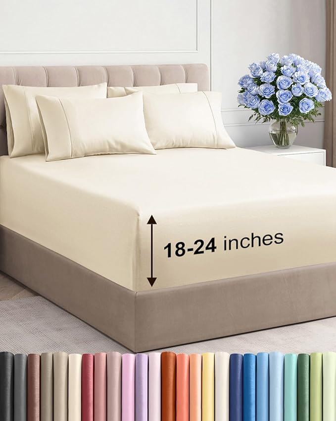 Extra Deep Cal King Sheet Set - 6 Piece Breathable and Cooling Sheets - Hotel Luxury Bed Sheets Set - Easy Fit - Soft, Wrinkle Free and Comfy Sheets Set - Off White Sheet Set with Extra Deep Pockets