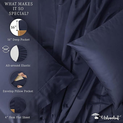 URBANHUT 800 Thread Count 100% Cotton Full Size Sheets, Luxury 4 Piece Full Bedsheets, Hotel Sheets Sateen Finish - Better Than Egyptian, 16" Elasticized Deep Pocket - Navy Blue