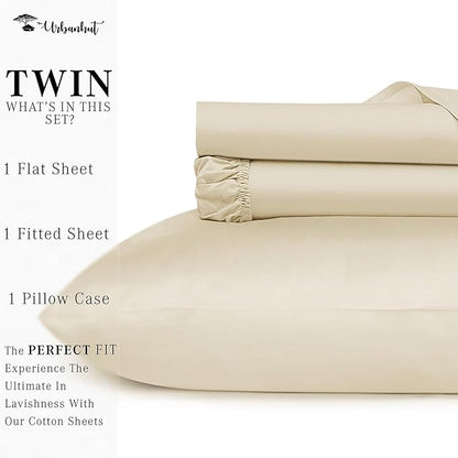 URBANHUT 800 Thread Count 100% Cotton Twin Size Sheets, Luxury 4 Piece Twin Bedsheets, Hotel Sheets Sateen Finish - Better Than Egyptian, 14" Elasticized Deep Pocket - Ivory