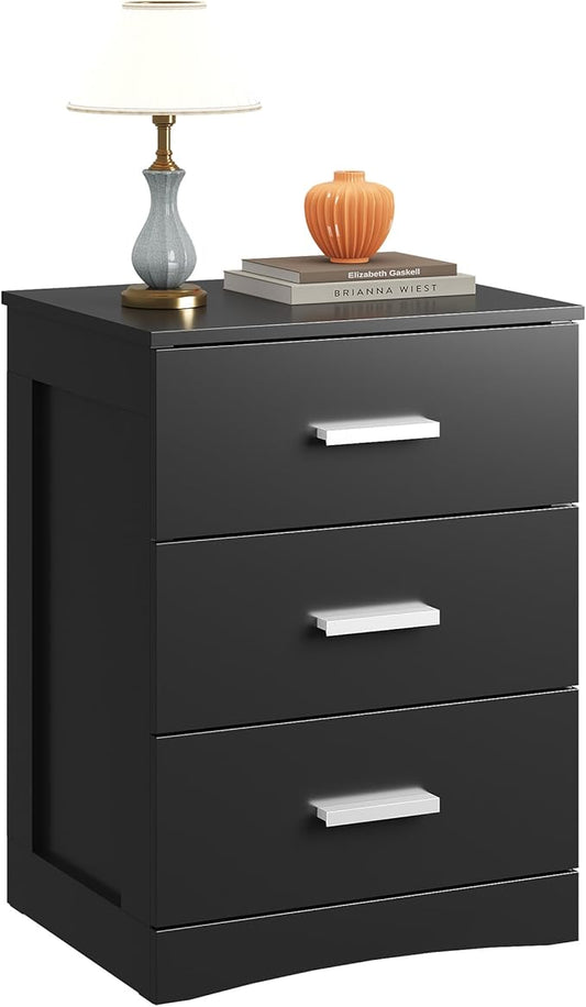 WLIVE Black Night Stand with 3 Drawers, Small Wooden Nightstand, Bed Side Table for Bedroom, Living Room, Dorm, Modern Minimalist Bedside Table, 12.9" D x 16" W x 21.6" H