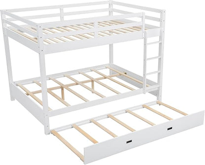 Bellemave Queen Over Queen Size Bunk Bed with Trundle for Kids/Adults,Solid Wood Bunk Bed Frame Queen Size with Ladder & Safety Guardrails,White