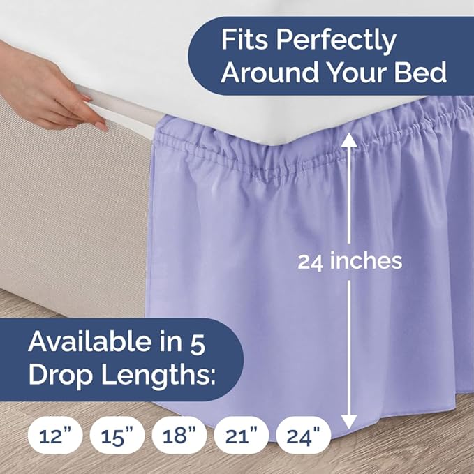 Wrap Around Dust Ruffle Bed Skirt - Lavender - for Queen Size Beds with 24 Inch Drop - Elastic Strap - Adjustable Pleated Bedskirt with Brushed Fabric and Wrinkle Free - for Women, Men, Kids & Teens