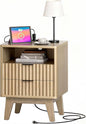 Nightstand with Charging Station, Modern Fluted 2 Drawer End Table with Storage Shelf, Natural Oak Bedside Table for Bedroom & Office