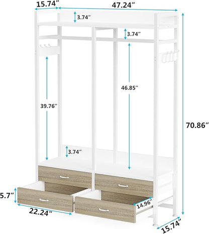Tribesigns Freestanding Closet Organizer for Hanging Clothes, Heavy Duty Garment Rack with 4 Drawers, 8 Hooks and Storage Shelves, Wardrobe Closet Clothing Rack for Bedroom, Living Room, White Walnut