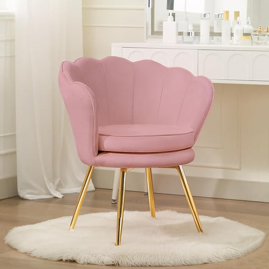 Velvet Vanity Chair with Back, Mid-Century Modern Small Accent Chair for Living Room, Golden Metal Legs Upholstered Makeup Chair, 1Pcs Bedroom Armchair, Pink