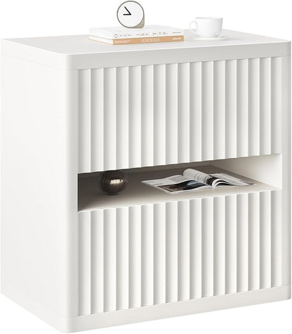Dripex Fluted Nightstand with 2 Drawers, Large Wide Wood Night Stand Bedside Tables for Bedroom, Mid-Century Modern Storage Bed Side Table, End Tables for Living Room Sofa Couch, White, Set of 1