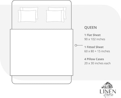 Linen Home 100% Cotton Percale Sheet Set, Queen Size, Ivory, Deep Pocket, 6 Pieces Set - 1 Flat, 1 Deep Pocket Fitted Sheet and 4 Pillowcases, Crisp Cool and Strong Bed Linen