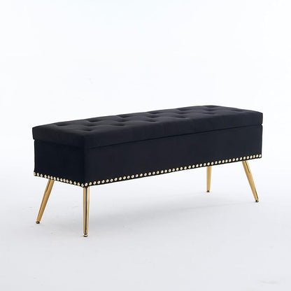 Velvet Storage Bench with Gold Legs& Nailhead Trim, 46" Wide Upholstered Modern Bedroom Bench for End of Bed, Tufted Ottoman for Entryway Living Room Dining Room (Black, 46" Wide)