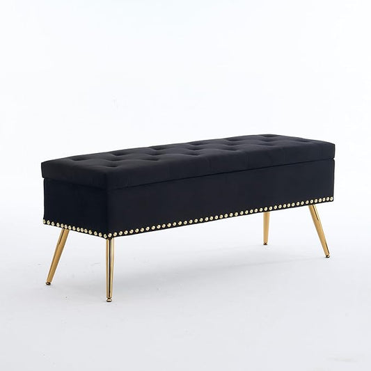 Velvet Storage Bench with Gold Legs& Nailhead Trim, 46" Wide Upholstered Modern Bedroom Bench for End of Bed, Tufted Ottoman for Entryway Living Room Dining Room (Black, 46" Wide)
