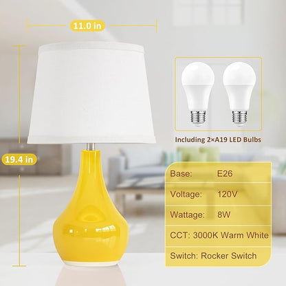 Seealle Modern Ceramic Table Lamps for Night Stands - Bedside Lamps Set of 2 for Nightstand,Yellow Bedroom Lamp for Living Room Cute Desk End Table Office Guest Room Dresser Rocker Swtich