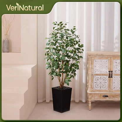 5ft Artificial Ficus Tree,Tall Faux Tree with Silk Leaves & Real Wood Trunk,UV Resistant Potted Fake Plant with Pebbles & Planter-Indoor Outdoor Floor Plant for Home,Living Room,VN129