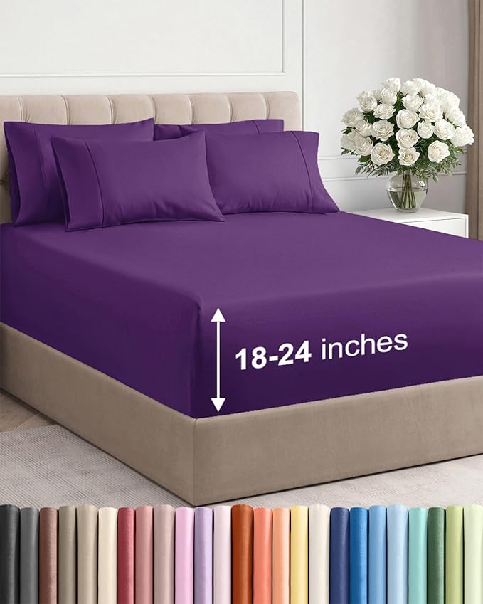 Extra Deep King Sheet Set - 6 Piece Breathable and Cooling Sheets - Hotel Luxury Bed Sheets Set - Easy & Secure Fit - Soft, Wrinkle Free and Comfy Sheets Set - Purple Sheet Set with Extra Deep Pockets