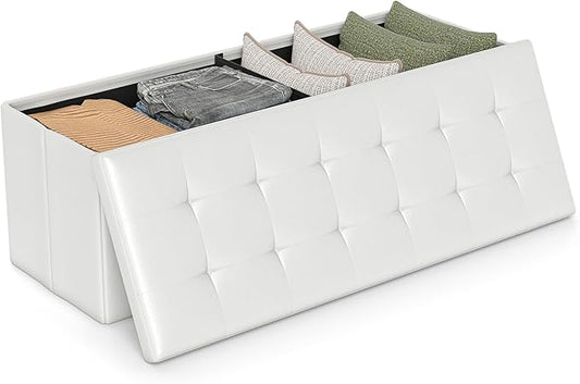 Giantex 43 Inches Folding Storage Ottoman Bench, Upholstered PU Leather Storage Chest with Side Pocket, Padded Seat, End of Bed Bench, Collapsible Ottoman Foot Rest for Living Room, Bedroom & Entryway