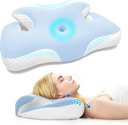 Cervical Neck Pillow for Sleeping,Ergonomic Memory Foam Pillows for Neck and Shoulder Pain Relief,Adjustable Contour Neck Support Bed Pillow for Side Back Sleepers-Women Men Gift(Baby Blue)