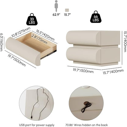 homary Smart Nightstand with Wireless Charging, USB & Type-C Ports – Modern Off White Faux Leather Nightstand with 2 Drawers, Bedside Table with Charging Station for Bedroom