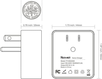 Nekmit Dual Port Ultra Thin Flat USB Wall Charger with Smart IC, White